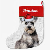 クリスマスのシュナウザー犬の名前 Woof 背景 ラージクリスマスストッキング (裏面)