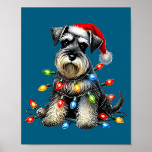 クリスマスのシュナウザー犬サンタ帽子Xmasライトホリデー ポスター