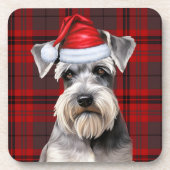 クリスマスのシュナウザー犬 赤いチェック柄のホリデー コースター (正面)