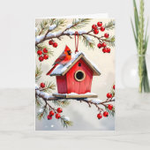 クリスマスのショウジョウコウカンチョウの鳥小屋 雪の松の枝 カード (正面)