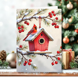 クリスマスのショウジョウコウカンチョウの鳥小屋 雪の松の枝 カード