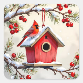 クリスマスのショウジョウコウカンチョウの鳥小屋 雪の松の枝 スクエアシール