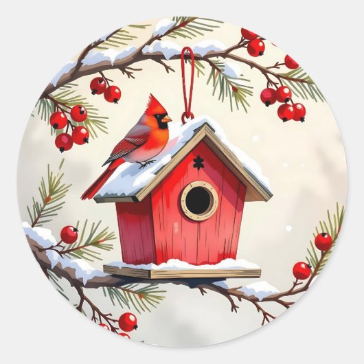 クリスマスのショウジョウコウカンチョウの鳥小屋 雪の松の枝 ラウンドシール (正面)