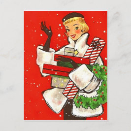 クリスマスのショッピングをする女の子、ヴィンテージのホリデーグリーティング ポストカード