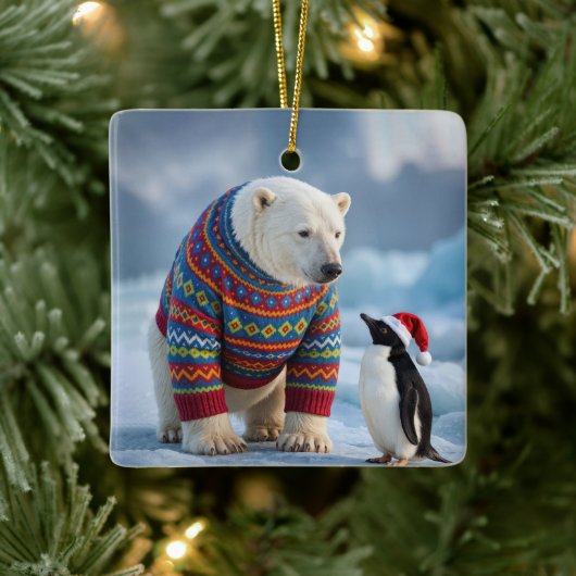 クリスマスのシロクマとペンギンの氷河の上 セラミックオーナメント (ツリー)