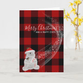 クリスマスのシロクマの上にランバージャックプレイド カード (黄色い花)