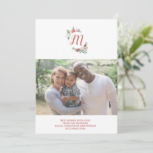 クリスマスのシンプルな家族の花のモノグラムのな写真 シーズンカード (スタンド正面)