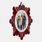 クリスマスのシンプル格子模様の二つの丸い写真の赤い休日 オーナメントカード (右)