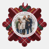 クリスマスのシンプル格子模様の二つの丸い写真の赤い休日 オーナメントカード (正面)