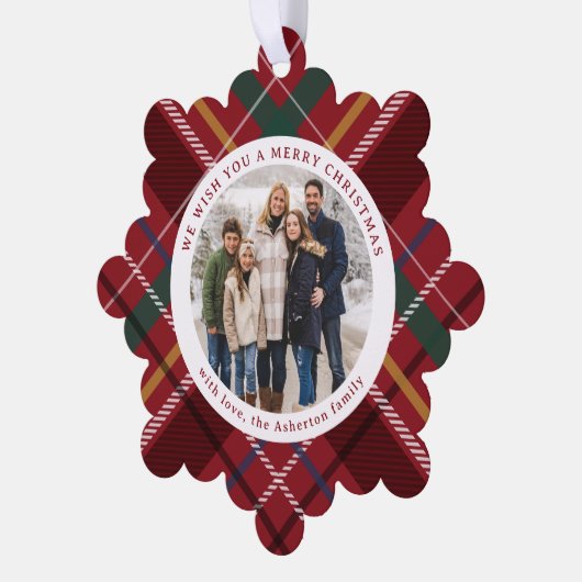 クリスマスのシンプル格子模様の二つの丸い写真の赤い休日 オーナメントカード (左)