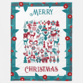 クリスマスのシンボル 北欧の花柄ボーダー ウィンター フリースブランケット (正面)