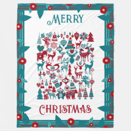 クリスマスのシンボル 北欧の花柄ボーダー ウィンター フリースブランケット