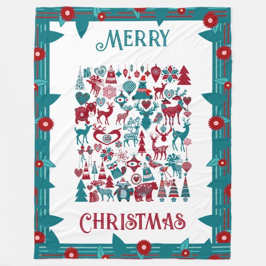 クリスマスのシンボル 北欧の花柄ボーダー ウィンター フリースブランケット (正面)