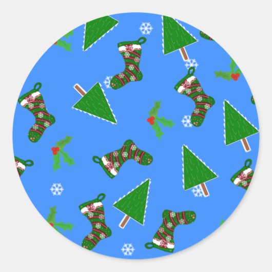 クリスマスのシンボル 青いギフトタグ ラウンドシール (正面)
