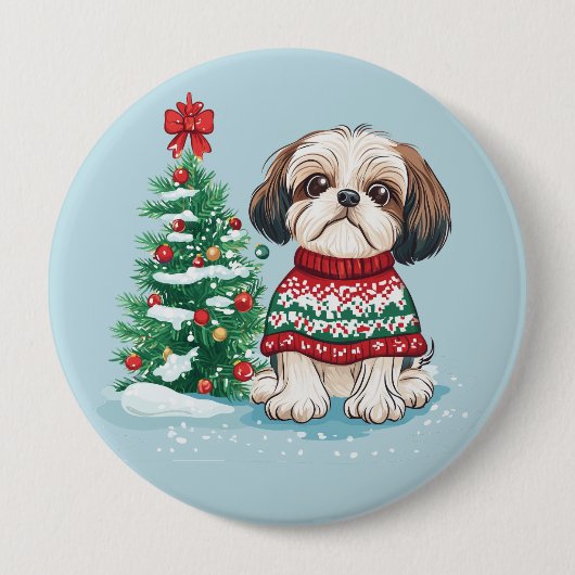 クリスマスのシーツー サンタの犬 缶バッジ (正面)