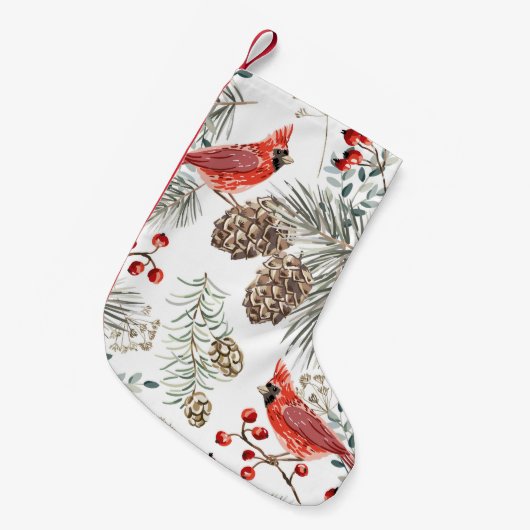 クリスマスのシームレスなパターン、（鳥）ショウジョウコウカンチョウの鳥、赤be スモールクリスマスストッキング (正面 (吊り時))