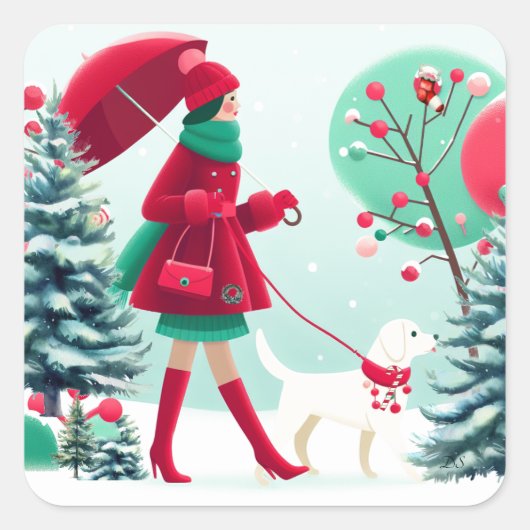クリスマスのシーン 少女と犬の散歩 スクエアシール (正面)