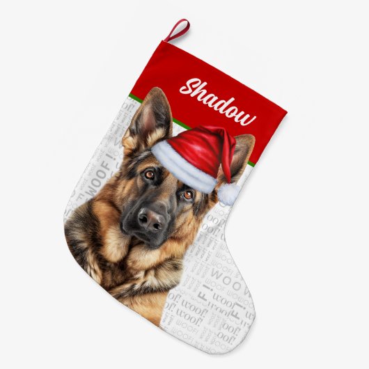 クリスマスのジャーマンシェパードと犬の名前 ラージクリスマスストッキング (正面 (吊り時))