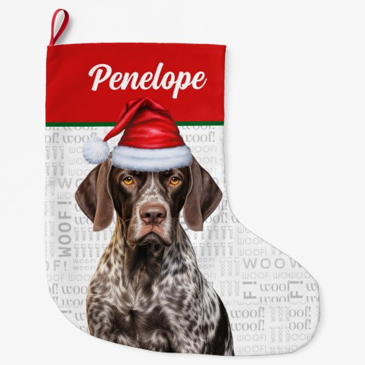 クリスマスのジャーマン・ショートヘアード・ポインター 名前入り Woof ラージクリスマスストッキング (正面)