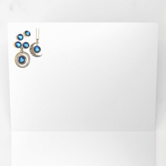 クリスマスのジュエリー ツリー 青 黒 明るい 月 三つ折りクリスマスカード (内部最初)