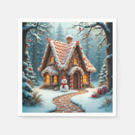 クリスマスのジンジャーブレッドコテージと雪だるま スタンダードカクテルナプキン