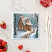 クリスマスのジンジャーブレッドハウスと雪だるま スタンダードカクテルナプキン (インサイチュ)