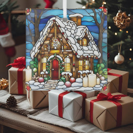 クリスマスのジンジャーブレッドハウス 模造ステンドグラス ガラスオーナメント