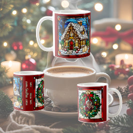 クリスマスのジンジャーブレッドハウス 模造ステンドグラス コーヒーマグカップ