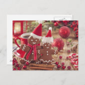 クリスマスのジンジャーブレッドマンおよび熱い飲み物 シーズンポストカード (正面/裏面)