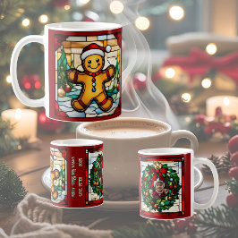 クリスマスのジンジャーブレッドマン ステンドグラス風デザイン コーヒーマグカップ
