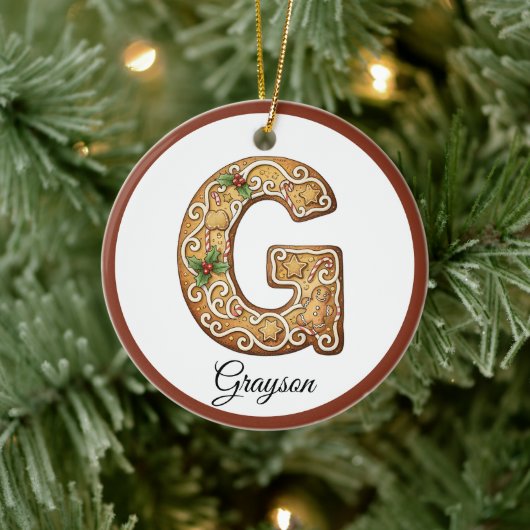 クリスマスのジンジャーブレッドレターGモノグラムをカスタマイズ セラミックオーナメント (ツリー)