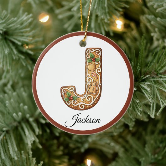 クリスマスのジンジャーブレッドレターJモノグラムをカスタマイズ セラミックオーナメント (ツリー)