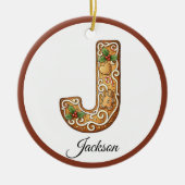 クリスマスのジンジャーブレッドレターJモノグラムをカスタマイズ セラミックオーナメント (正面)