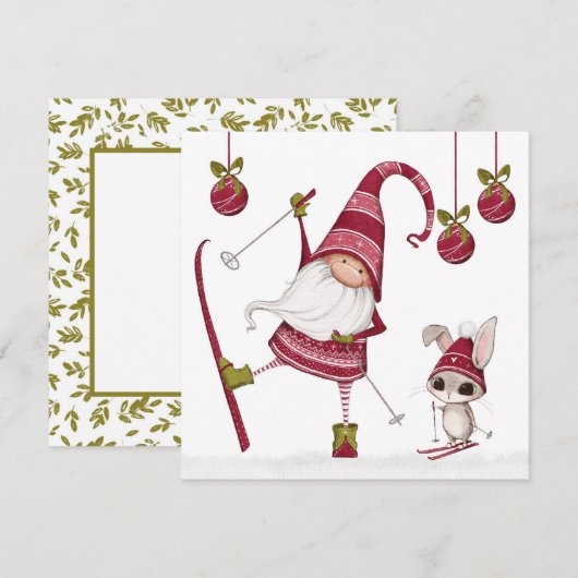 クリスマスのスキー旅行のノームとうさぎのクリスマスカード (正面/裏面)