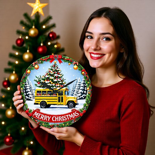 クリスマスのスクールバス 冬 ラージ壁時計