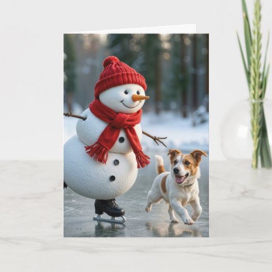 クリスマスのスケートをする雪だるまと犬 シーズンカード (正面)