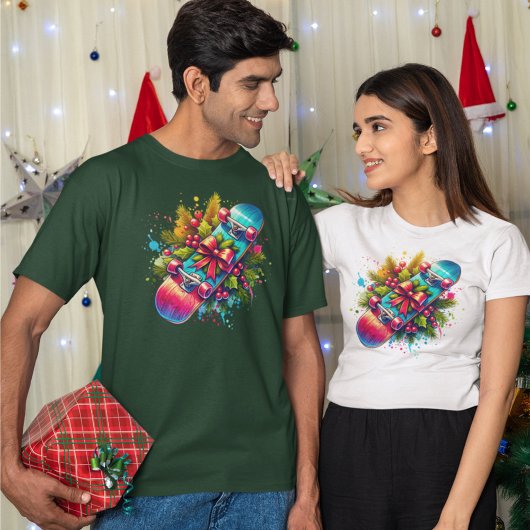 クリスマスのスケートボード 赤いリボン 松の枝 Tシャツ