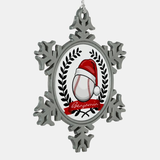 クリスマスのスタイルのサンタの帽子との野球 スノーフレークピューターオーナメント (左)