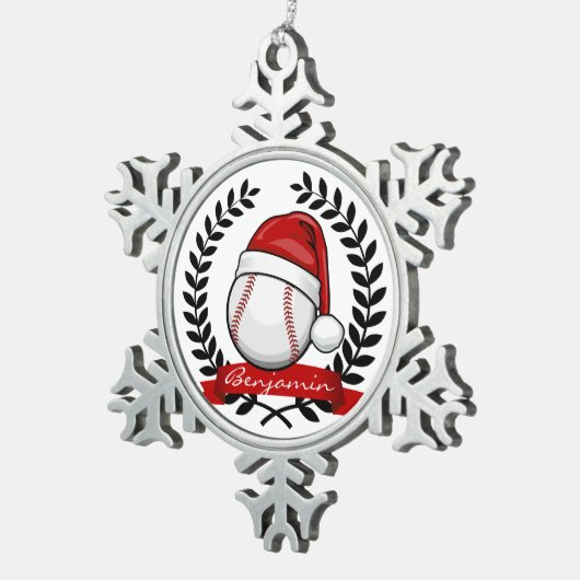 クリスマスのスタイルのサンタの帽子との野球 スノーフレークピューターオーナメント (右)