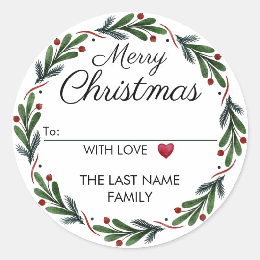 クリスマスのステッカーから緑と赤のリース ラウンドシール (正面)