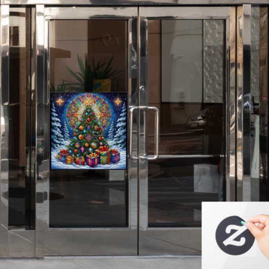 クリスマスのステンドグラスの窓にしがみつく ウィンドウサイン (オフィスドア)