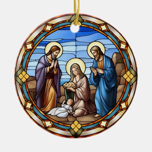クリスマスのステンドグラス出生シーン セラミックオーナメント (正面)