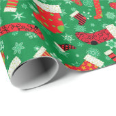 クリスマスのストッキングおよび雪片パターン ラッピングペーパー (ロールコーナー)