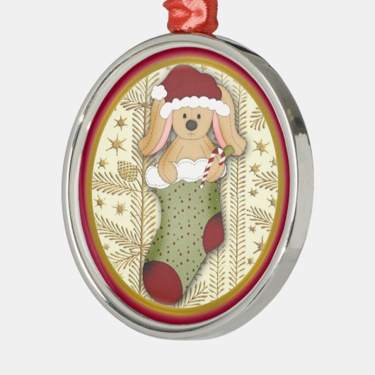 クリスマスのストッキングのオーナメントのかわいく詰まったなウサギ メタルオーナメント (左)