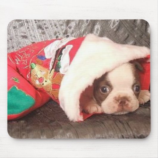 クリスマスのストッキングのボストン子犬 マウスパッド (正面)