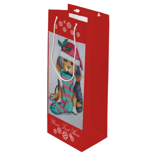 クリスマスのストッキングを持つかわいく黒いおよび茶色の子犬 ワインギフトバッグ (正面アングル)
