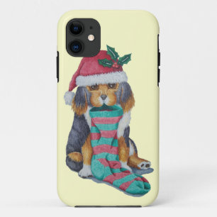 クリスマスのストッキングを持つかわいく黒いおよび茶色の子犬 iPhone 11 ケース