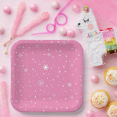 クリスマスのスノーフレークピンクと白水玉模様 ペーパープレート (パーティー)