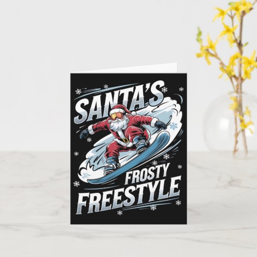 クリスマスのスノーボード サンタ スノーボーダー サンタのフリースタイル カード (黄色い花)