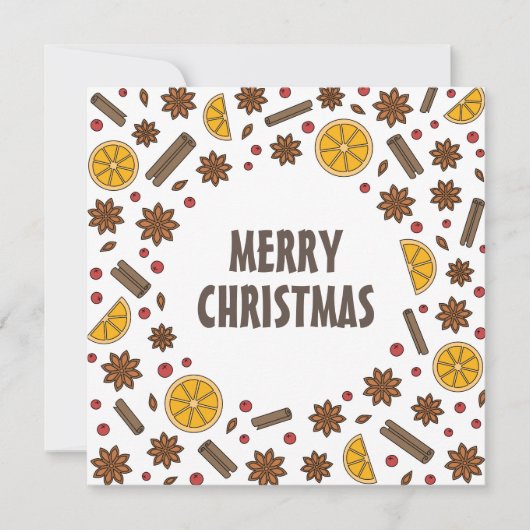 クリスマスのスパイス、シナモン、八角、オレンジの落書き カード (正面)